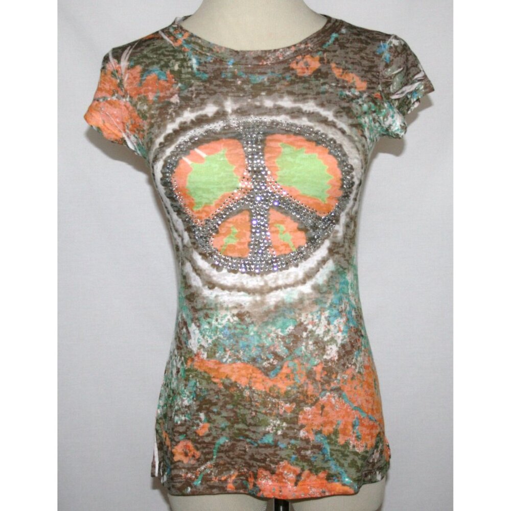 LA CLASS Crystal PEACE Multi-Colored Sheer T-Shirt Small